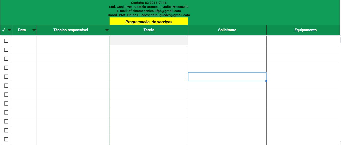 Planilha de programação de serviços